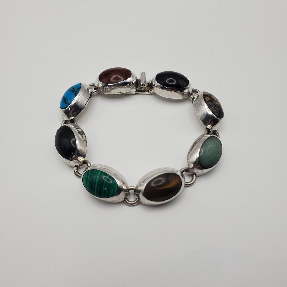 Vintage Taxco Mexico 925 Sterling Silver Multi Gemstone Bracelet 7 Inch 8 Gems